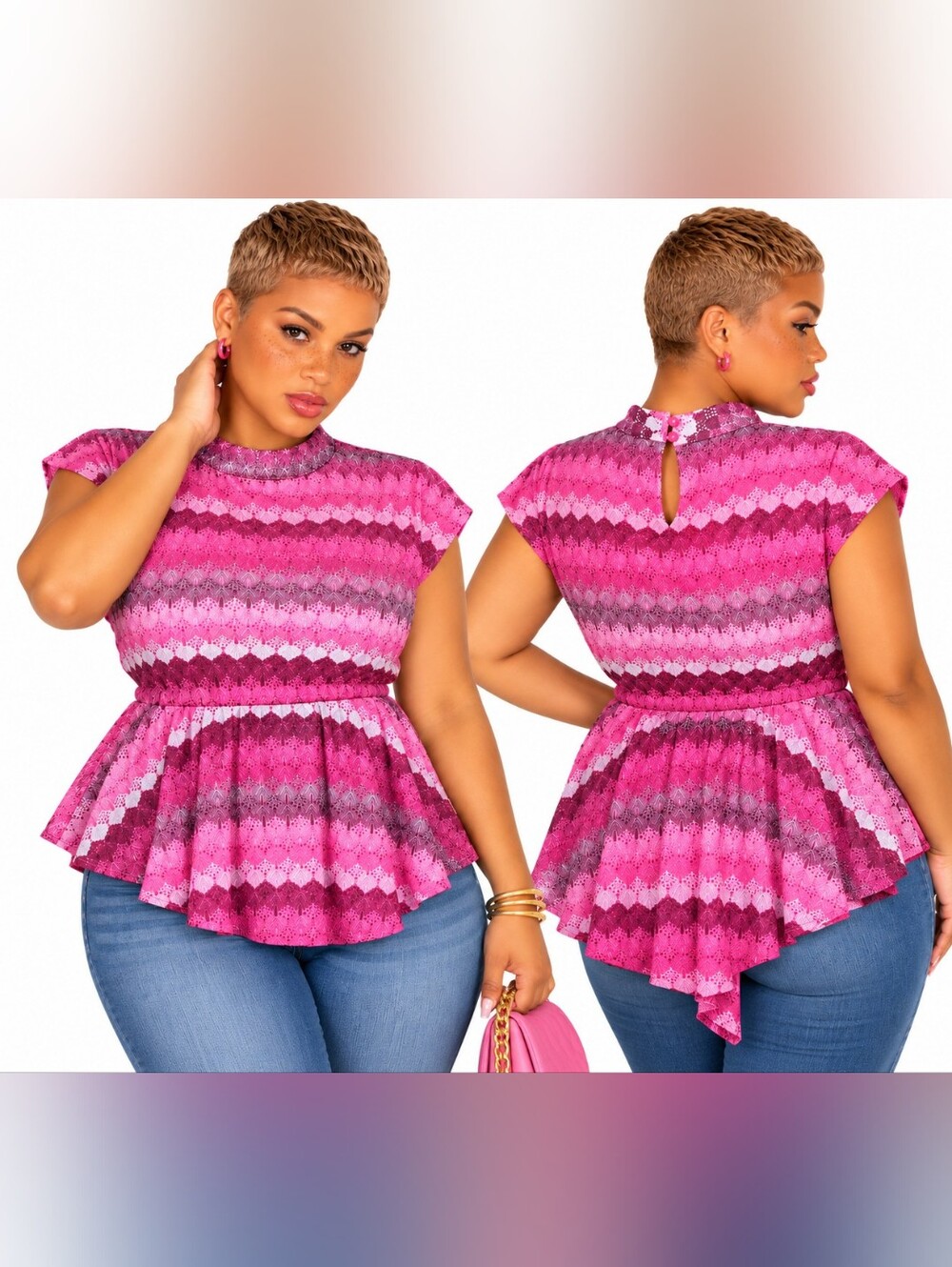 NWT Ashley Stewart Pink Lace Print Hi-Low Peplum Top Size 18/20